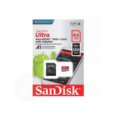 64GB SanDisk Ultra microSDXC Android 120MB/s A1 UHS-I + Adaptér (SDSQUA4-064G-GN6MA)