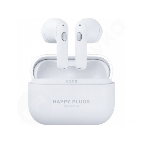 Happy Plugs Hope bezdrátová Bluetooth sluchátka s mikrofonem v bílém provedení